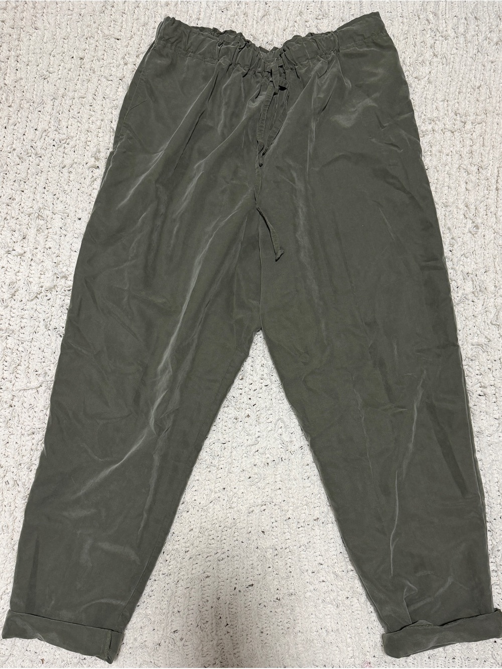 Olive Green Barrel Leg Drawstring Pants - Picture 1 of 3